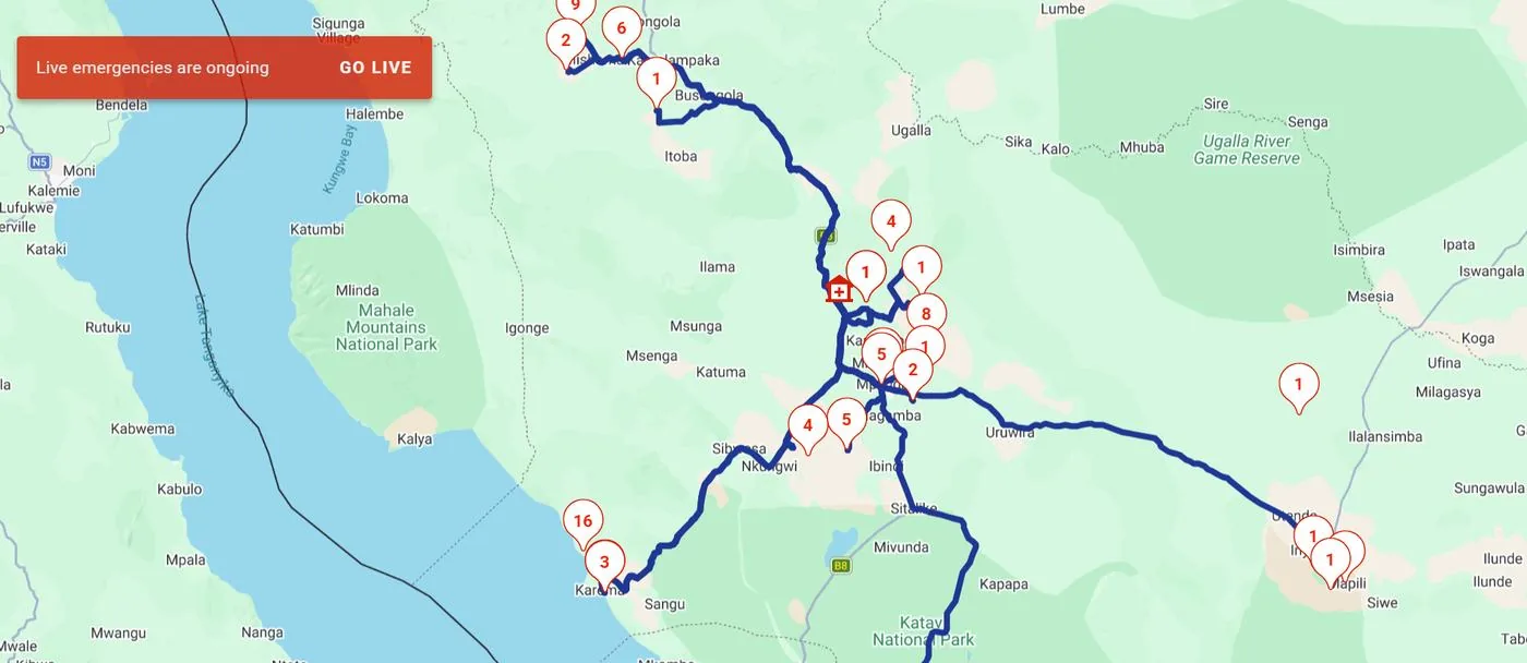 Live dispatch map — active emergency transports across the region